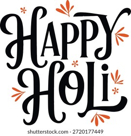 Happy Holi Typografie Vektor. Handgezeichneter Schriftzug mit bunten Spritzern für das indische Fest der Farben Grußkartendesign