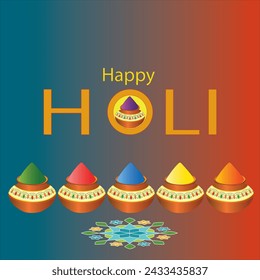 Feliz Holi varios colores en maceta de barro con diseño rangoli y escritura inglesa sobre fondo azul a rojo.