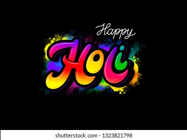 Happy Holi vector background. Indian spring festival celebration illustration. Happy Holi text with colorful powder. Typography design element for greeting, poster, card, logo, banner, decor