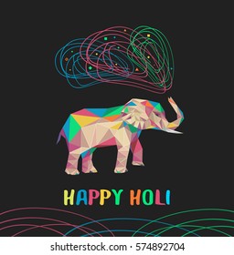 Happy holi vector card with varicoloured polygonal elephant. Indian elephant trunk let out paint. Holi elephant.