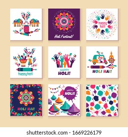 Happy holi vector elements for card design , Happy holi design with colorful icon on 9 cards