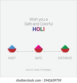 Happy Holi Vector Graphic Art colourful Info graphic Illustration with Corona Virus COVID-19 Safety Precautions message along with Festival of Colors Dhuli Vandan, Rangpanchami celebrated in india.