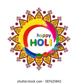 Happy Holi vector greeting card with mandala, traditional colorful gulal powder and color splashes