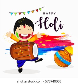 Happy Holi, Vector Illustration based on Happy Dancing boy celebrating Holi on decorative grungy background.