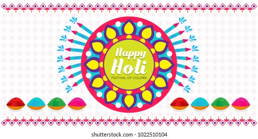 Happy Holi vector illustration for indian festival of colors with traditional and festive elements. Can be used for posters, banners, brochures, and print designs.