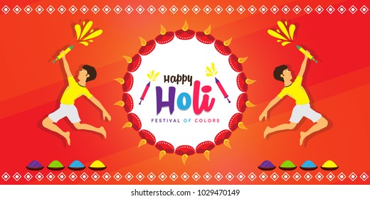 Happy Holi vector illustration for indian festival of colors with traditional and festive elements. Can be used for posters, banners, brochures, and print designs. Color splashes and color pots. 