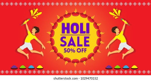 Happy Holi vector illustration for indian festival of colors with traditional and festive elements. Can be used for posters, banners, brochures, and print designs. Color splashes and color pots. 