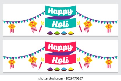 Happy Holi vector illustration for indian festival of colors with traditional and festive elements. Can be used for posters, banners, brochures, and print designs. Color splashes and color pots. 