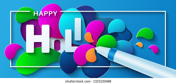 Happy Holi. Vector illustration in a paper art style. Water gun with colorful paint splashes. Design concept for greeting card, poster, banner or flyer.