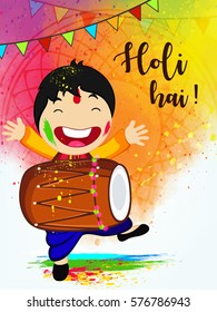 Happy Holi Vector Illustration showing Happy Boy celebrating Holi and Dancing on the occassion of Hindu Festival Holi.