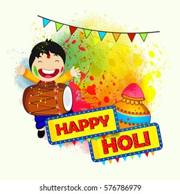 Happy Holi, Vector Illustration Wallpaper design showing Happy Boy celebrating Hindu Festival Holi on colorful background.
