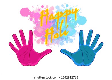Happy holi vector palm elements card color blotch blur design. Greeting banner Happy holi hand colorful blot paint design. India holiday festive bright arm banner.