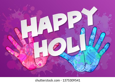 Happy holi vector palm elements card color blotch blur design. Greeting banner Happy holi hand colorful blot paint design. India holiday festive bright arm banner.