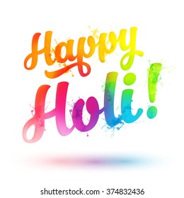 Happy Holi vector rainbow sign with color splashes