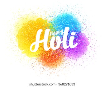 Happy Holi vector sign on colorful paint splash and powder background