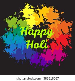 Happy Holi vector sign on colorful paint splash and powder background. Holi vector sign on colorful paint splash and powder background 