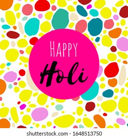Happy Holi vector yellow, red, pink, green, magenta oil, watercolor texture background, dry brush stains, strokes, spots isolated. Abstract acrylic hand painted frame, place for text, logo.