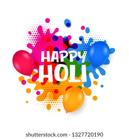 happy holi water balloons with colorful splatter