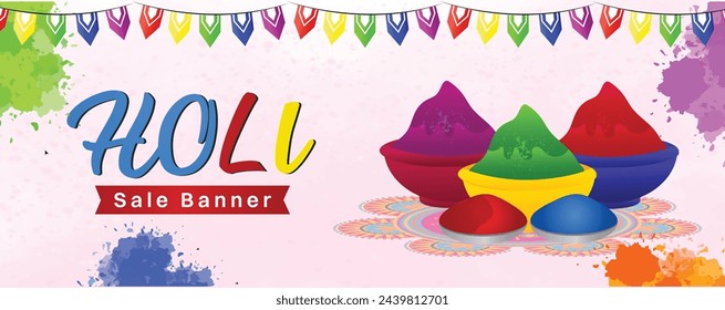 Happy Holi Web Banner with Traditional Indian Decorations and Colorful Gulal Powder - Spread Love and Happiness on this Auspicious Occasion!