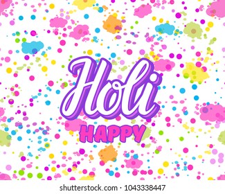 Happy Holi wide card. Indian holiday invitation with bright multicolored colorful splashes and stains texture. Vector illustration isolated on white background.