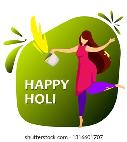 Happy Holi. Woman celebrating traditional Indian Festival of Colours. Beautiful happy young lady. Colorful wallpaper. Vector illustration on green background with color spots