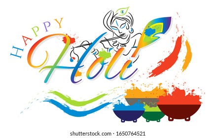 'Happy Holi' escrito para un colorido cartel del festival Hindu Holi en una ilustración vectorial de fondo blanco.