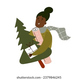 Happy Holiday. African american woman holding presents for his family and a new year tree. Vector flat cartoon illustration on white background.