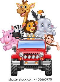 Happy holiday animal africa in the red car