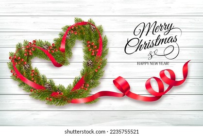 Happy Holiday background. Branches of Christmas Tree with berries and pine the shape of a heart and red ribbon on wooden background. Vector