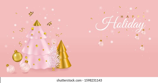 Happy Holiday background with Xmas pine fir lush tree, Conical Abstract Gold Christmas Trees, Snowflakes, and gold ribbon, You can apply this design to banner, card, invitation and cover. Vector