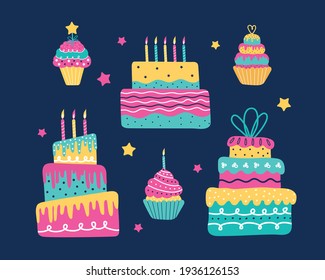 Birthday party vector seamless pattern. Outline illustrations of cake,  candles, gift, card, bouquet, festive flags. Bright retro style ornament.  29747406 Vector Art at Vecteezy