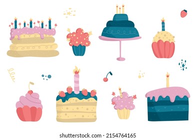 Happy holiday baked cakes with candles vector set. Festive cooking icons for decorating, anniversaries, weddings, birthdays. Sweet pastries, muffin, cupcake with cream