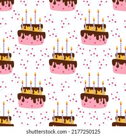 Happy holiday baked cakes with candles vector seamless pattern
