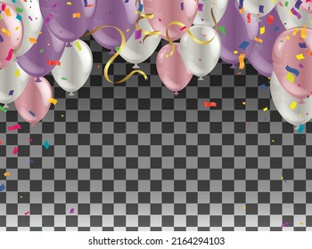 Happy Holiday Banner. Purple And Pink Balloons And Confetti Vector Illustration  For Valentine's Day.