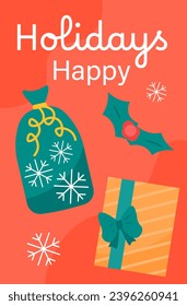 Happy holiday banner. Red booklet and leaflet. Green bag and gift box. Present and surprise. Festival and event. Christmas and New Year. Poster or cover. Cartoon flat vector illustration