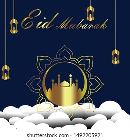 	
Happy holiday blue Eid mubarak greeting card with arch shaped vector design design