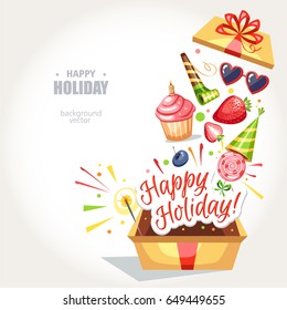 happy holiday box gift background box bow gift glasses lollipop petard toot
