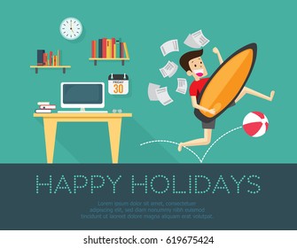 happy holiday, Businessman going for vacation and holiday concept