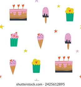 Happy holiday cake with candles flat vector seamless pattern. Sweet holiday muffin, cupcake and ice cream with confetti. Hand drawn festive background in Scandinavian style. Anniversary and love theme