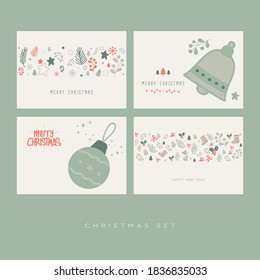 Happy holiday card, Christmas ornaments, Vintage christmas card 2021 set, Trendy retro style. 