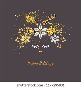 Happy Holiday card. Cute Deer vector illustration as logo, badge, patch. Deer for invitation, birthday, greetings, party, Merry Christmas motive.