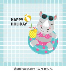 Happy holiday card. Cute Rhinoceros cartoon.