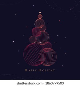 Happy holiday card design with geometric Christmas tree illustration. Christmas social media post layout. Purple Christmas card.