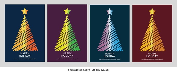 Happy holiday card design with shiny Christmas tree. Modern Christmas card vector. Set of greeting card backgrounds. Minimalist holiday covers, season wishes.