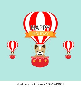 Happy holiday card. Funny animal on the air balloon in the sky.