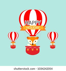 Happy holiday card. Funny animal on the air balloon in the sky.