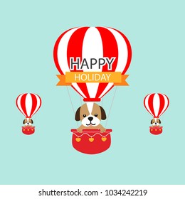 Happy holiday card. Funny animal on the air balloon in the sky.