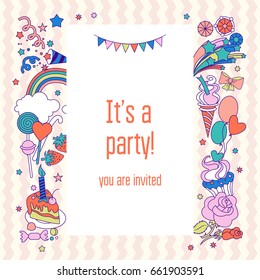 Happy holiday card with rainbow, ice-cream, cloud and fireworks and sweets