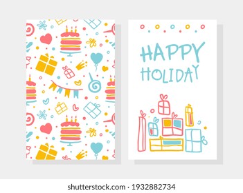 Happy Holiday Card Template, Birthday Party for Kids Decoration Banner, Poster, Festive Background, Invitation Cartoon Vector Illustration