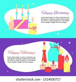 Happy holiday card templates in flat style with place for text. Bright flyers with candles and gift boxes. Vector illustration.